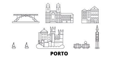 Portekiz, Porto hat seyahat silüeti seti. Portekiz, Porto anahat şehir vektör illüstrasyon, sembol, seyahat sights, Simgesel yapılar.