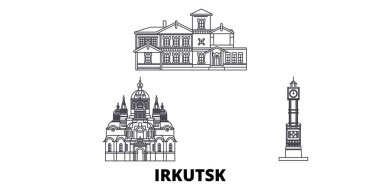 Rusya, Irkutsk hat seyahat silüeti seti. Rusya, Irkutsk anahat şehir vektör illüstrasyon, sembol, seyahat sights, Simgesel yapılar.