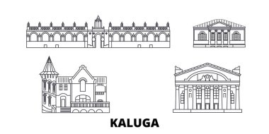 Rusya, Kaluga hat seyahat silüeti seti. Rusya, Kaluga anahat şehir vektör illüstrasyon, sembol, seyahat sights, Simgesel yapılar.