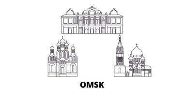Rusya, Omsk hat seyahat silüeti seti. Rusya, Omsk anahat şehir vektör illüstrasyon, sembol, seyahat sights, Simgesel yapılar.