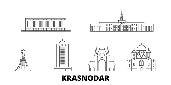 Rusia, Kransodar City line skyline set. Rusia, Kransodar ciudad contorno ciudad vector ilustración, símbolo, lugares de interés turístico, lugares de interés . — Vector de stock