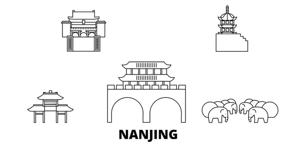 China, el horizonte de viaje de la línea de Nanjing. China, Nanjing esbozar ilustración vectorial de la ciudad, símbolo, lugares de interés turístico, lugares de interés . — Vector de stock