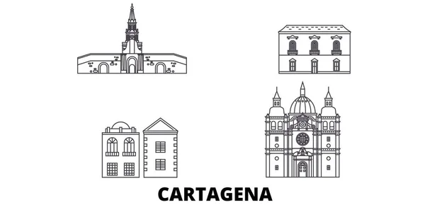 哥伦比亚, 卡塔赫纳线旅行天际线设置。哥伦比亚, 卡塔赫纳概述城市向量例证, 标志, 旅行风景, 地标. — 图库矢量图片