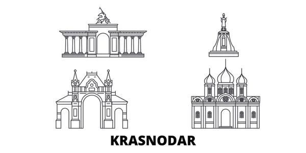 Rusia, la línea de Krasnodar horizonte de viaje establecido. Rusia, Krasnodar esbozar ilustración vectorial de la ciudad, símbolo, lugares de interés turístico, lugares de interés . — Vector de stock