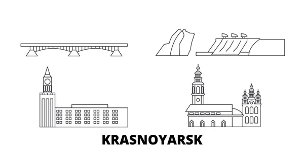 Ρωσία, το σύνολο του ορίζοντα ταξιδιών στο Κρασνογιάρσκ. Ρωσία, Κρασνογιάρσκ απεικόνιση διάνυσμα πόλης, σύμβολο, ταξίδια αξιοθέατα, ορόσημα. — Διανυσματικό Αρχείο