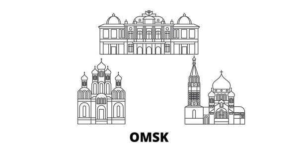 Rusia, la línea Omsk horizonte de viaje establecido. Rusia, Omsk esbozar ilustración vectorial de la ciudad, símbolo, lugares de interés turístico, lugares de interés . — Vector de stock