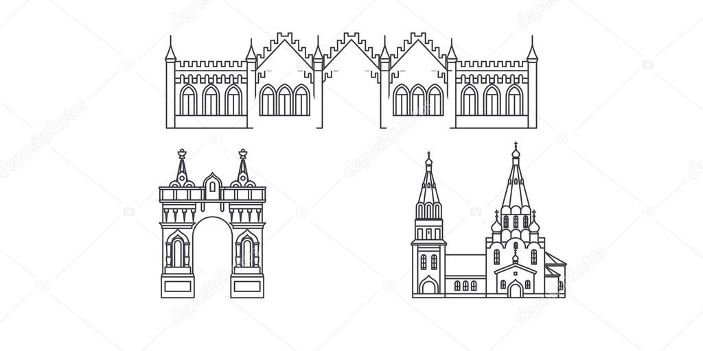 Russia, Blagoveshchensk line travel skyline set. Russia, Blagoveshchensk outline city vector illustration, symbol, travel sights, landmarks.