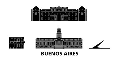 Arjantin, Buenos Aires düz seyahat silüeti seti. Arjantin, Buenos Aires siyah şehir vektör illüstrasyon, sembol, seyahat sights, Simgesel yapılar.