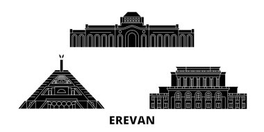 Ermenistan, Erevan düz seyahat silüeti seti. Ermenistan, Erevan siyah şehir vektör illüstrasyon, sembol, seyahat sights, Simgesel yapılar.