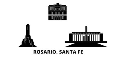 Arjantin, Rosario düz seyahat silüeti seti. Arjantin, Rosario siyah şehir vektör illüstrasyon, sembol, seyahat sights, Simgesel yapılar.