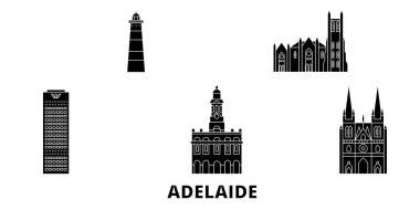 Avustralya, Adelaide düz seyahat silüeti seti. Avustralya, Adelaide siyah şehir vektör illüstrasyon, sembol, seyahat sights, Simgesel yapılar.