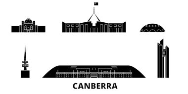 Avustralya, Canberra düz seyahat silüeti seti. Avustralya, Canberra siyah şehir vektör illüstrasyon, sembol, seyahat sights, Simgesel yapılar.