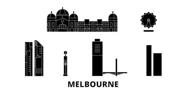 Avustralya, Melbourne City düz seyahat silüeti seti. Avustralya, Melbourne City siyah şehir vektör illüstrasyon, sembol, seyahat sights, Simgesel yapılar.