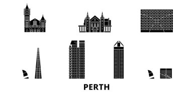 Avustralya, Perth düz seyahat silüeti seti. Avustralya, Perth siyah şehir vektör illüstrasyon, sembol, seyahat sights, Simgesel yapılar.