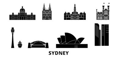 Avustralya, Sydney düz seyahat silüeti seti. Avustralya, Sydney siyah şehir vektör illüstrasyon, sembol, seyahat sights, Simgesel yapılar.
