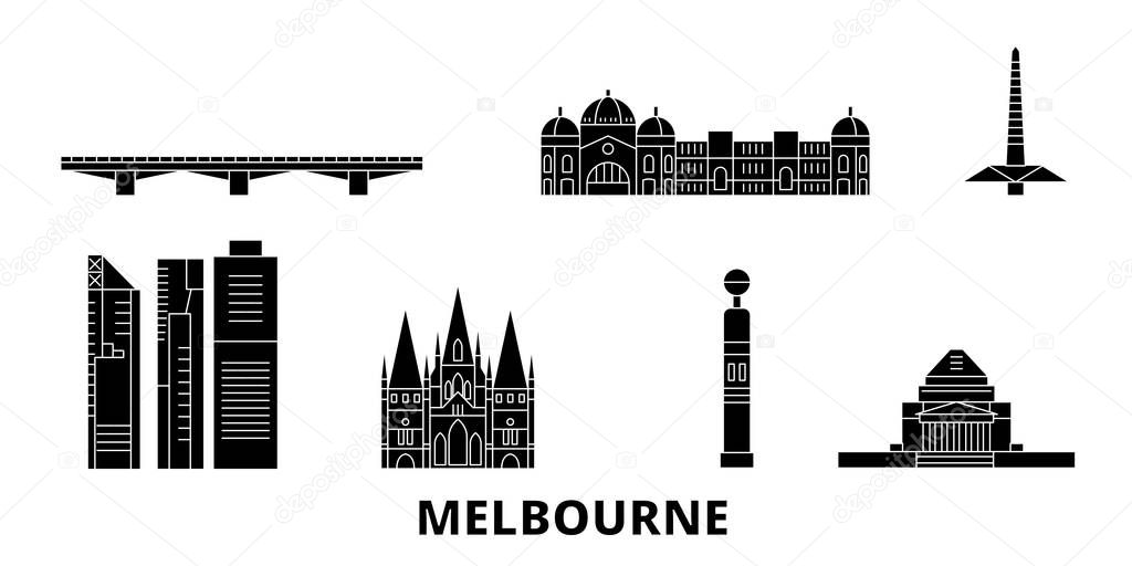 Australia, Melbourne flat travel skyline set. Australia, Melbourne black city vector illustration, symbol, travel sights, landmarks.