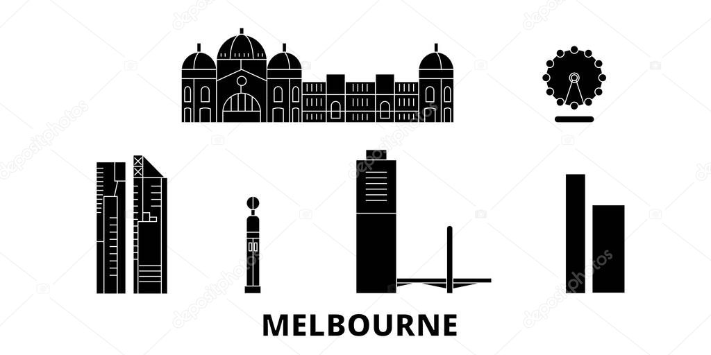 Australia, Melbourne City flat travel skyline set. Australia, Melbourne City black city vector illustration, symbol, travel sights, landmarks.