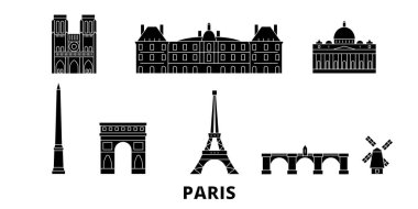 Fransa, Paris düz seyahat silüeti seti. Fransa, Paris siyah şehir vektör illüstrasyon, sembol, seyahat sights, Simgesel yapılar.