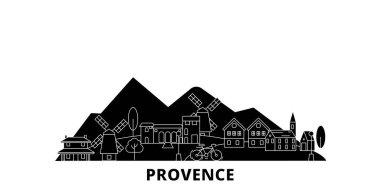 Fransa, Provence düz seyahat silüeti seti. Fransa, Provence siyah şehir vektör illüstrasyon, sembol, seyahat sights, Simgesel yapılar.