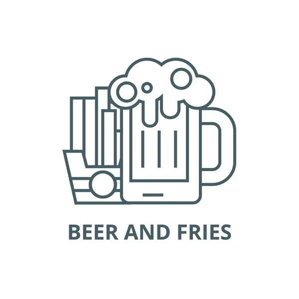 Cerveza y patatas fritas icono de línea, vector. Cerveza y papas fritas signo contorno, símbolo concepto, ilustración plana — Vector de stock