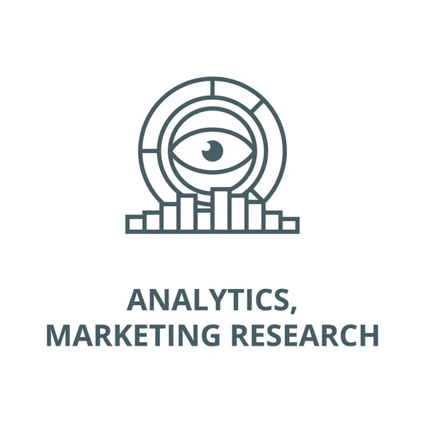Analytics, marketing, ikona čáry, vektor. Analytics, marketingový výzkum, symboly osnovy, symbol konceptu, plochá ilustrace — Stockový vektor