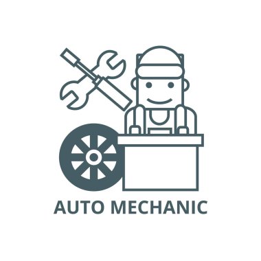 Auto mechanic, pil hattı simgesi, vektör. Auto mechanic, pil anahat işareti, konsept sembolü, düz illüstrasyon
