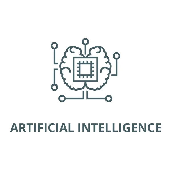 Inteligencia artificial, chip con icono de línea cerebral, vector. Inteligencia artificial, chip con signo de contorno cerebral, símbolo conceptual, ilustración plana — Vector de stock