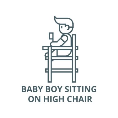 Baby boy sitting on high chair line icon, vector. Baby boy sitting on high chair outline sign, concept symbol, flat illustration clipart