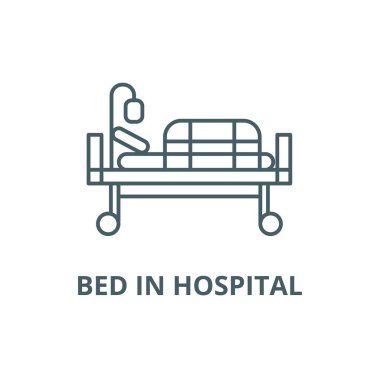 Hastane hattı simgesinde yatak, vektör. Hastane anahat işareti yatak, konsept sembolü, düz illüstrasyon