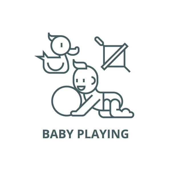 Het spelen van de baby, eend, baby, bal, whirligig lijnpictogram, Vector. Het spelen van de baby, eend, baby, bal, whirligig overzichts teken, concept symbool, vlakke illustratie — Stockvector