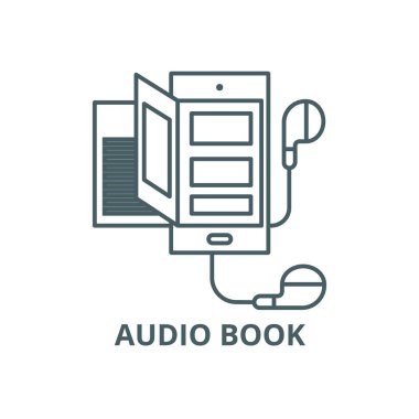 Kitap, ses, akıllı telefon hattı simgesi, vektör. Kitap, ses, akıllı telefon anahat işareti, konsept sembolü, düz illüstrasyon