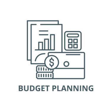 Bütçe planlama satırı simgesi, vektör. Bütçe Planlama anahat işareti, kavram sembolü, düz çizim