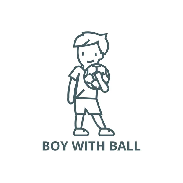 Boy dengan ikon garis bola, vektor. Boy with ball outline sign, concept symbol, flat illustration - Stok Vektor