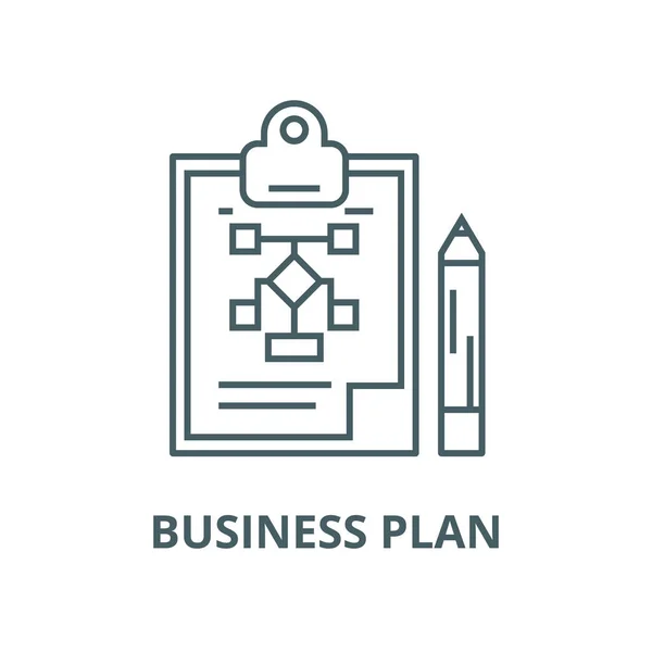 Business plan, matita, icona della linea degli appunti, vettore. Business plan, matita, cartello con contorno appunti, simbolo concettuale, illustrazione piatta — Vettoriale Stock