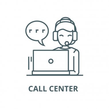 Çağrı Merkezi, kulaklık hattı simgesi olan kadın, vektör. Çağrı Merkezi, kulaklık anahat işareti olan kadın, konsept sembolü, düz illüstrasyon