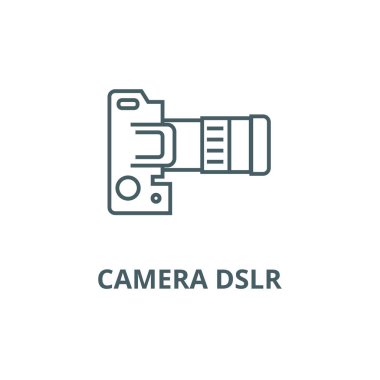 Kamera DSLR, üst görünüm hattı simgesi, vektör. Kamera DSLR, üst görünüm anahat işareti, kavram sembolü, düz illüstrasyon