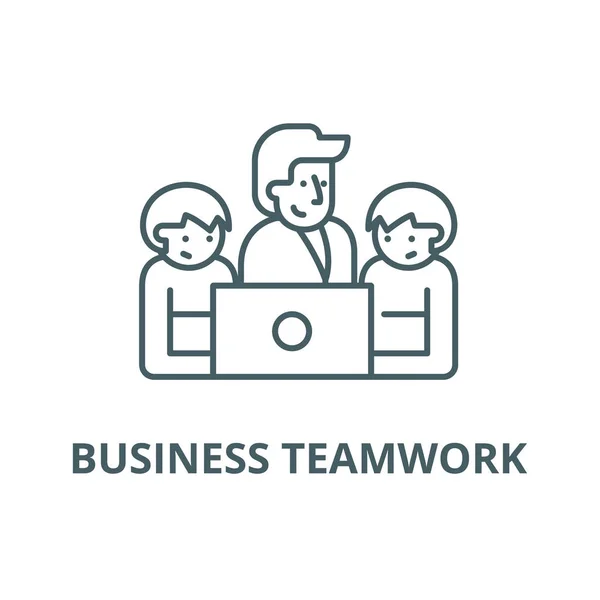Icono de línea de trabajo en equipo de negocios, vector. Bosquejo de trabajo en equipo de negocios signo, símbolo de concepto, ilustración plana — Vector de stock