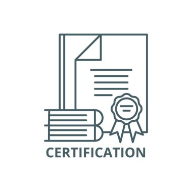 Sertifika satırı simgesi, vektör. Sertifikasyon anahat işareti, konsept sembolü, düz çizim