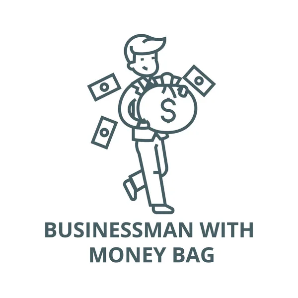 Empresário com ícone de linha de saco de dinheiro, vetor. Empresário com dinheiro saco esboço sinal, símbolo de conceito, ilustração plana —  Vetores de Stock