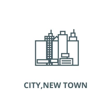 Şehir, yeni kasaba çizgisi simgesi, vektör. Şehir, yeni kasaba anahat işareti, konsept sembolü, düz illüstrasyon