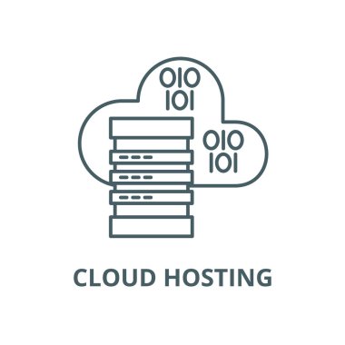Bulut barındırma hattı simgesi, vektör. Bulut barındırma anahat işareti, kavram sembolü, düz illüstrasyon
