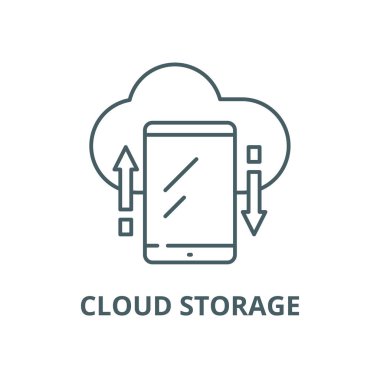 Bulut depolama çizgisi simgesi, vektör. Bulut depolama anahat işareti, kavram sembolü, düz illüstrasyon