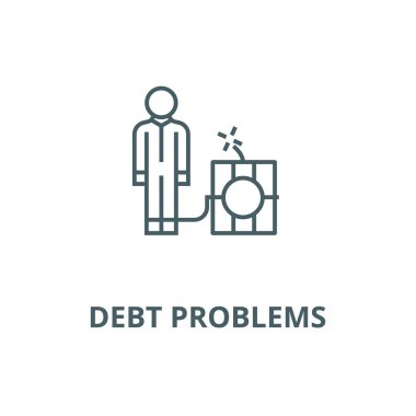 Borç sorunları, dinamit bomba hattı simgesi, vektör ile adam. Borç sorunları, dinamit bomba anahat işareti ile adam, kavramı sembolü, düz illüstrasyon