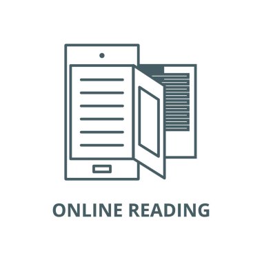 E kitap, online okuma çizgisi simgesi, vektör. E kitap, online okuma anahat işareti, konsept sembolü, düz illüstrasyon