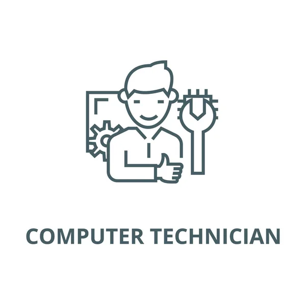Icona della linea del tecnico informatico, vettore. Computer tecnico segno contorno, simbolo concetto, illustrazione piatta — Vettoriale Stock