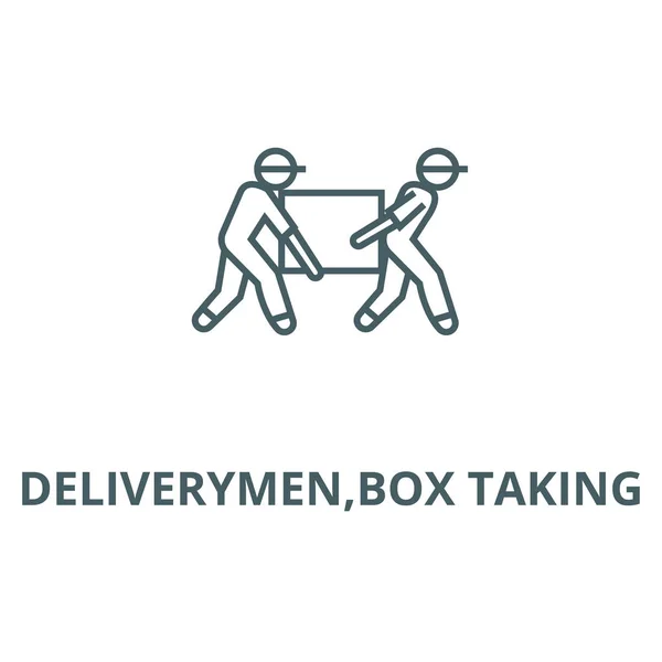 ' Ντρες, κουτί που παίρνει το εικονίδιο της γραμμής, διάνυσμα. Παραδόσεις, κουτί που λαμβάνει πινακίδα περιγράμματος, σύμβολο concept, επίπεδη απεικόνιση — Διανυσματικό Αρχείο