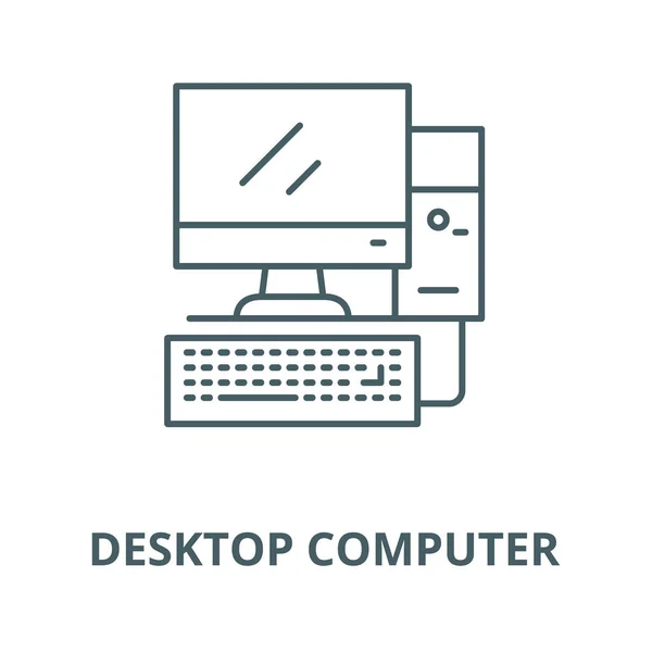 Computador desktop, ícone da linha da estação de trabalho, vetor. Computador desktop, sinal do esboço da estação de trabalho, símbolo do conceito, ilustração lisa — Vetor de Stock