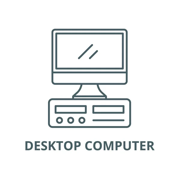 Computadora de escritorio icono de línea, vector. Ordenador de sobremesa signo contorno, símbolo concepto, ilustración plana — Vector de stock