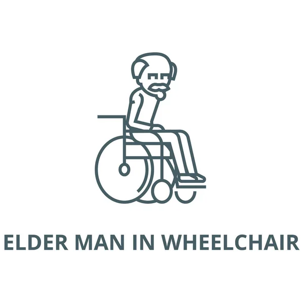 Ancien homme en fauteuil roulant icône de ligne, vecteur. Aîné en fauteuil roulant, symbole de concept, illustration plate — Image vectorielle