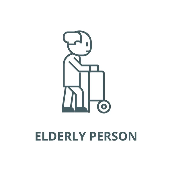 Personne âgée avec icône de ligne de roues d'aide, vecteur. Personne âgée avec roues d'aide aperçu signe, symbole de concept, illustration plate — Image vectorielle